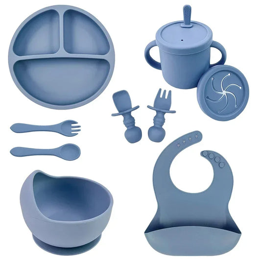 Set 9 pcs assiettes et couverts en silicone